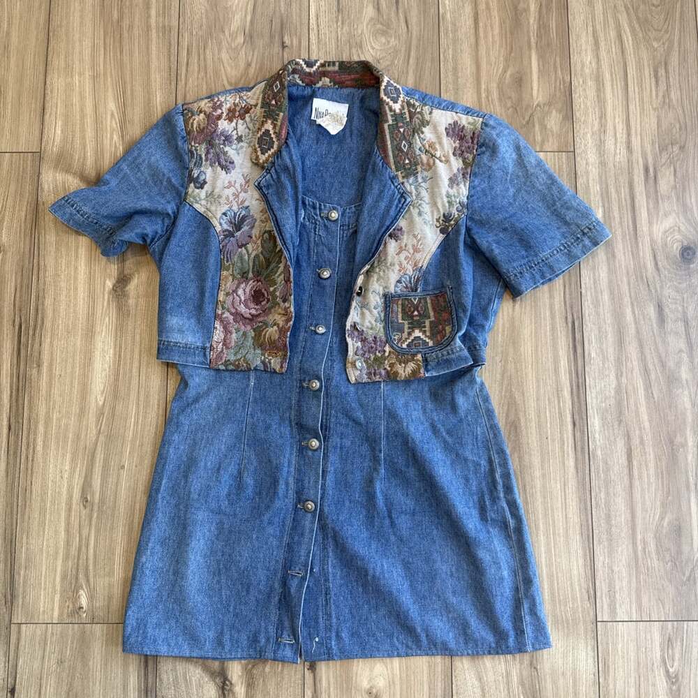 Vintage Nina Piccalino Dress and Shirt Denim w/ Tapestry Panels Sz 8 boho aztec